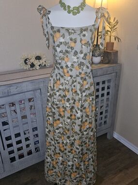 dip Orange Floral Maxi Dress Tie Tank Straps Cottagecore Garden Citrus Green